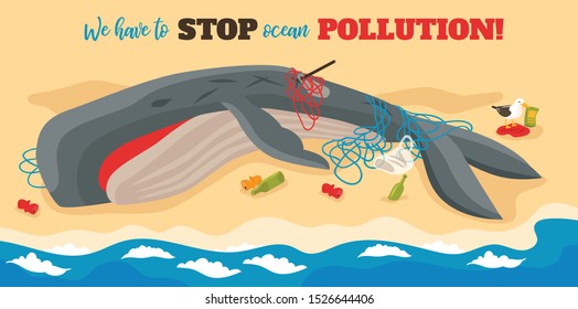 Ocean pollution isometric poster with big dying whale entangled in ropes lying on sea beach vector illustration