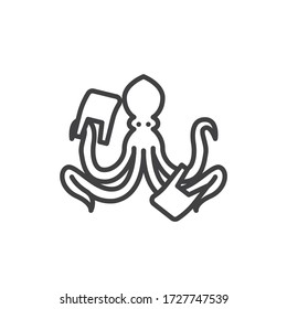 Ocean pollution line icon. linear style sign for mobile concept and web design. Octopus with rubbish waste outline vector icon. Symbol, logo illustration. Vector graphics