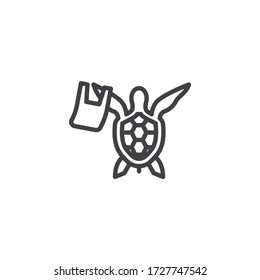 Icono de la línea de contaminación oceánica. signo de estilo lineal para concepto móvil y diseño web. Tortuga con el icono vectorial de la línea de desechos de basura. Símbolo de contaminación, ilustración del logotipo. Gráficos vectoriales