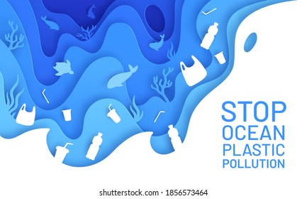 Ocean pollution paper art. Poster plastic waste, bottle and bag in sea with fish and turtle. Paper cut save environment vector concept. Illustration problem sea garbage, underwater wildlife with junk