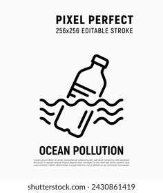 Ocean pollution, plastic bottle in the ocean thin line icon. Garbage in the water. Editable stroke. Vector illustration.