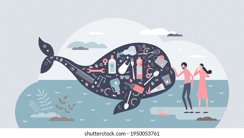 Ocean pollution and plastic concentration as whale danger tiny person concept. Underwater trash and rubbish waste from non recyclable junk as environmental disaster vector illustration. Ecology risk.