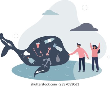 Ocean pollution and plastic concentration as whale danger .flat vector illustration.