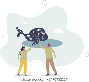 Ocean pollution and plastic concentration as whale danger .flat design.illustration with people.