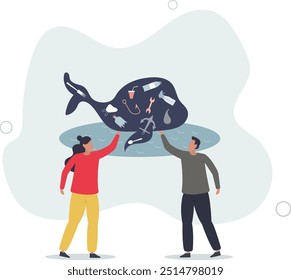 Contaminación del océano y concentración de plástico como peligro de ballenas. Diseño plano con personas.