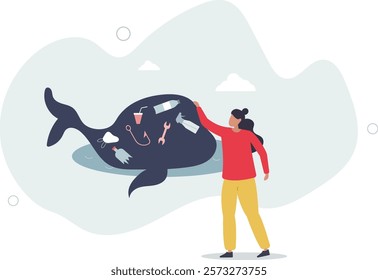 Ocean pollution and plastic concentration as whale danger .flat characters.