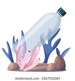 Contaminación oceánica, ilustración de la contaminación de plástico, basura bajo el mar. Botella de plástico en algas y coral. Estilo plano, ilustración vectorial.