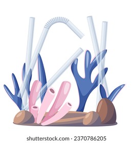 Contaminación oceánica, ilustración de la contaminación de plástico, basura bajo el mar. Tubo de plástico para jugo y limonada en algas y corales. Estilo plano, ilustración vectorial.