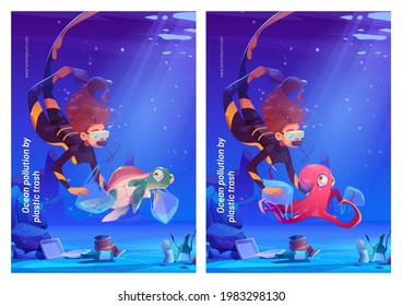 Ocean pollution with plastic trash cartoon posters. Diver girl help underwater animals living in polluted water. Wastes floating in sea. Save our planet ecology protection concept, vector illustration