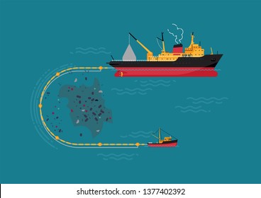 Ocean pollution removal program concept vector illustration. World ocean environment protection visual with ships collecting plastic from water surface