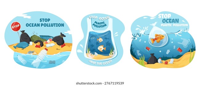 Ocean pollution scenes in cartoon style on light blue background showing environmental harm concept. Vector illustration