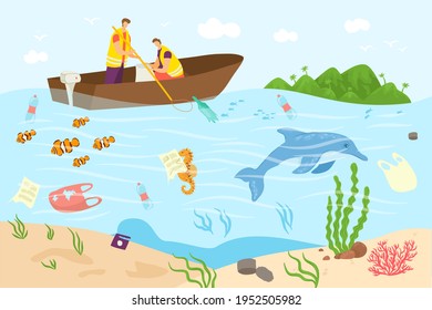 Ocean pollution, sea water with trash, vector illustration. Plastic waste in dirty pond, flat man woman people character picking up plastic garbage