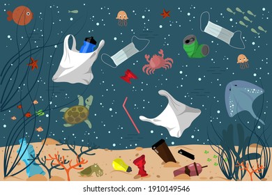 Ocean pollution. Seabed with inhabitants and debris. Plastic bottles, glasses, bags, straws, masks, jars, light bulb. Global problem. garbage in ocean, sea