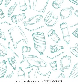 Ocean pollution seamless pattern. Vector illustration Hand drawn doodle symbols collection. Bag, Bottle, Package, Contamination, disposable dish, straw and fish. Keep the sea, plastic free concept