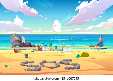 Ocean pollution, trash on beach. Dirty polluted seaside covered with plastic and other garbage and sos sign made of stones as signal of nature need help. Earth planet waste Cartoon vector illustration