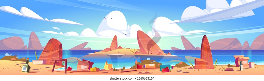 Ocean Pollution, Trash On Beach. Dirty Polluted Seaside Covered With Garbage. Different Rubbish On Sandy Coastline With Stones. Save Nature Earth Planet Waste Contamination Cartoon Vector Illustration