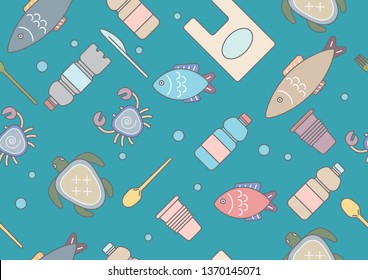 Ocean pollution vector illustration. Composition with  fish, crab, turtle and  plastic garbage. Keep the sea, plastic free concept.