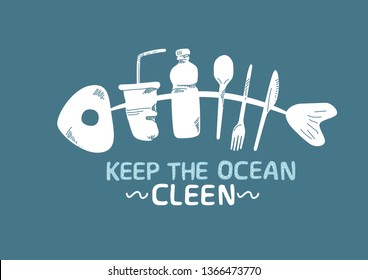 Ocean pollution vector illustration. Fish bone consisting of plastic bottle, straw, cup and spoon. Keep the sea, plastic free concept