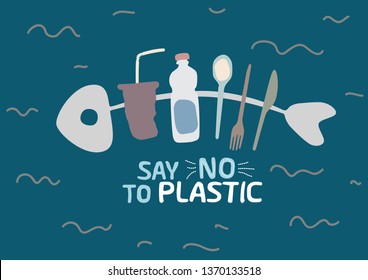 Ocean pollution vector illustration. Fish bone consisting of plastic bottle, straw, cup and spoon. Keep the sea concept