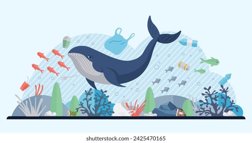 Ocean pollution vector illustration. The harmful effects ocean contamination extend to very heart marine life Rubbish and garbage floating in ocean are visible signs environmental degradation