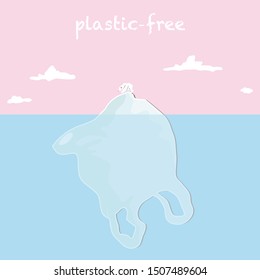Ocean pollution vector illustration. Plastic-free with a white bear standing on a plastic bag in a blue ocean and pink sky background