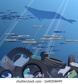ocean pollution. vector image of the littered bottom of the sea. human waste. environmental disaster