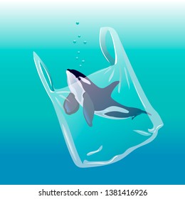 Ocean pollution. Whale in plastic bag in ocean. Vector illustration of ocean plastic pollution.