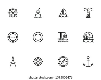 Ocean port line icon set. Boat, ship, lighthouse, compass. Marine concept. Can be used for topics like nautical navigation, sailing, ship