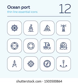 Ocean port line icon set. Boat, ship, lighthouse, compass. Marine concept. Can be used for topics like nautical navigation, sailing, ship