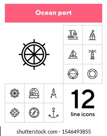 Ocean port line icon set. Boat, ship, lighthouse, compass. Marine concept. Can be used for topics like nautical navigation, sailing, ship