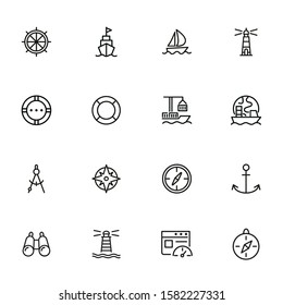 Ocean port line icon set. Boat, ship, lighthouse, compass. Marine concept. Can be used for topics like nautical navigation, sailing, ship