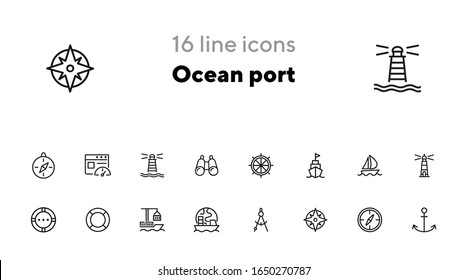 Ocean Port Line Icon Set. Boat, Ship, Lighthouse, Compass. Marine Concept. Can Be Used For Topics Like Nautical Navigation, Sailing, Ship