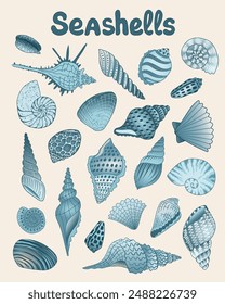Ocean poster with blue seashells in vintage style. Summer beach print. Vector illustration. Summer sea postcard. Wall art for a beach house