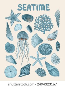 Ocean poster with blue shells, corals, jellyfish, starfish in vintage style. Summer nautical print. Vector illustration. Summer sea postcard. Wall art for a beach house