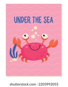 Ocean poster with crab. Graphic element for website, invitation or greeting card. Representative of underwater world, fauna and animals, sea. Summer time symbol. Cartoon flat vector illustration
