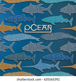 Ocean poster. Graphic fish illustration in line art style. Vector.