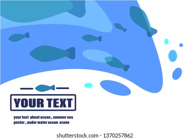 Ocean poster template  .Underwater cave and ocean creatures. Ocean vector illustration