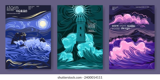 Ocean Posters Set. Dark stormy seascapes with large waves crashing against rocks, lighthouse and clouds in night sky. Design for cover. Cartoon flat vector illustrations isolated on dark background