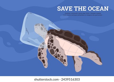 Afiche de campaña de preservación del océano. Ilustración vectorial que muestra una tortuga marina enredada en una bolsa de plástico, con un mensaje de Salvemos el Océano para promover la acción ambiental.