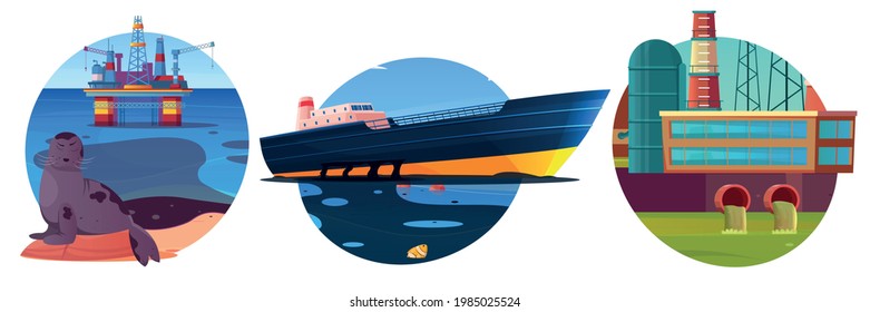 Ocean problem flat compositions with tanker  oil platform and city factory polluting water bodies isolated vector illustration