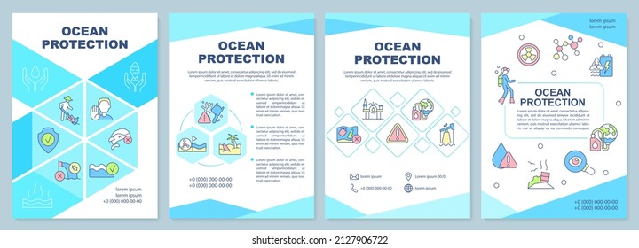 Ocean protection turquoise brochure template. Marine species safety. Leaflet design with linear icons. 4 vector layouts for presentation, annual reports. Arial-Black, Myriad Pro-Regular fonts used