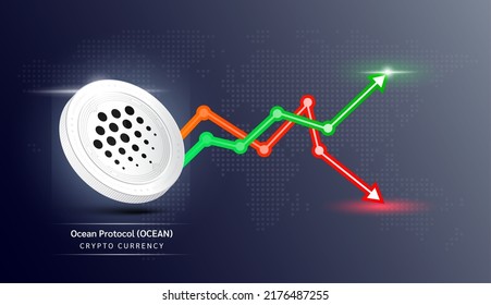 Ocean Protocol coin white. Cryptocurrency token symbol with stock market investment trading graph green and red. Economic trends business concept. 3D Vector illustration.