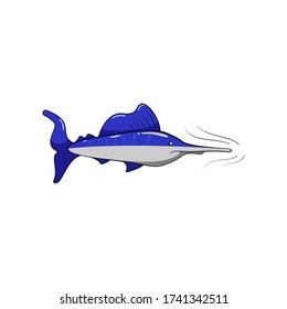 Ocean purple swordfish with a long sword-like beak, a Fish of the beaked family .Sharp nose, predatory fish. Vector illustration of a cartoon style isolated on a white background.logo.icon.symbol
