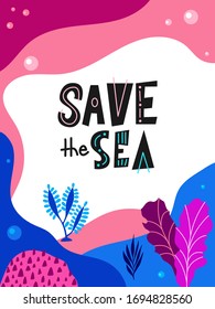 Ocean quote with sea elements. Lettering poster or greeting card. Travel typography design. Vector illustration