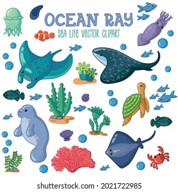 Ocean ray cartoon children vector animal set. 