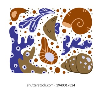 Ocean rectangular illustration for poster, print, banner, card. Hand drawn sea elements set. Cartoon seaweed, coral, fish, shell. Flat vector on white background. Blue, brown color