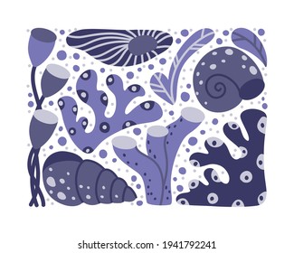 Ocean rectangular pattern of hand drawn marine elements. Monochrome gray or cornflower blue cartoon seaweed, coral, shell. Flat vector illustration for poster, print, banner, card. White background