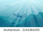 Ocean reef divers. Underwater diver adventure vector illustration with fishes and corals sillouettes, sea diving, marine dive sports people couple image