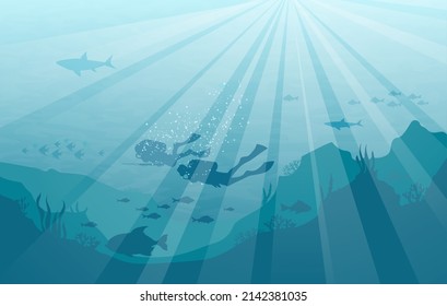 Buceadores de arrecifes en el océano. Ilustración de vectores subacuáticos de buceo con peces y corales, silloncitos, submarinismo, deportes de buceo marino pareja imagen