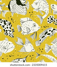 Ocean reef fish Seamless Vector Pattern on yellow background. Tropical marine sea life hand drawn illustration. Fabric graphic design for wallpaper, fabric, tissue, textile, wrapping paper